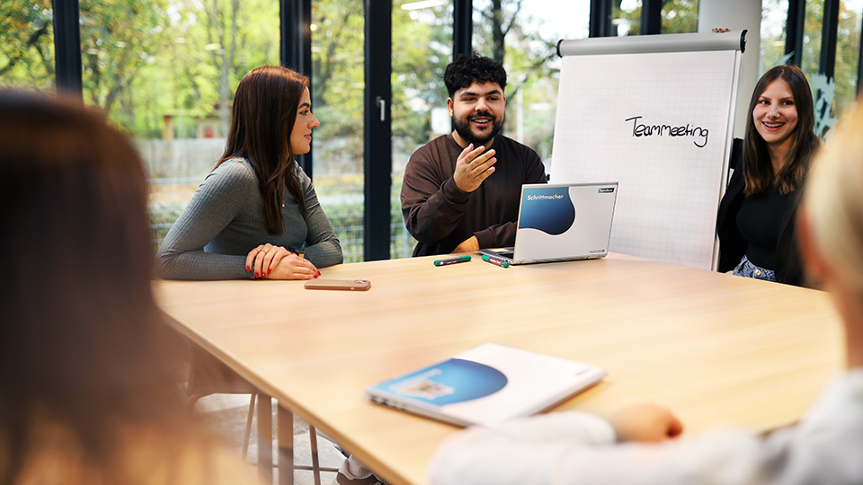 Meeting-Situation. Vier junge Frauen und ein junger Mann sitzen um einen Holztisch herum. Eine der Frauen lehnt sich an ein Flipchart, auf dem "Teammeeting" zu lesen ist. Der junge Mann hat einen Laptop vor sich und den Mund zum Sprechen geöffnet.