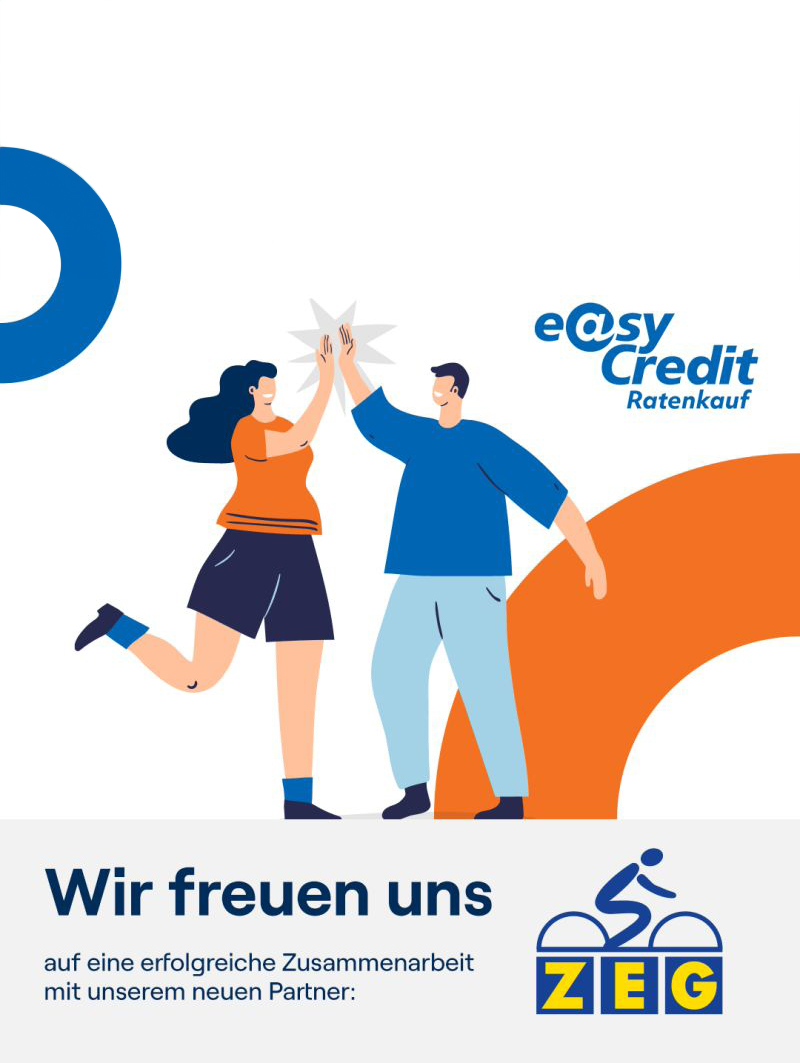 Illustration von einer Frau und einem Mann die sich ein High-Five geben. Am unteren Rand steht: Wir freuen uns - auf eine erfolgreiche Zusammenarbeit mit unserem neuen Partner. Logo von ZEG.