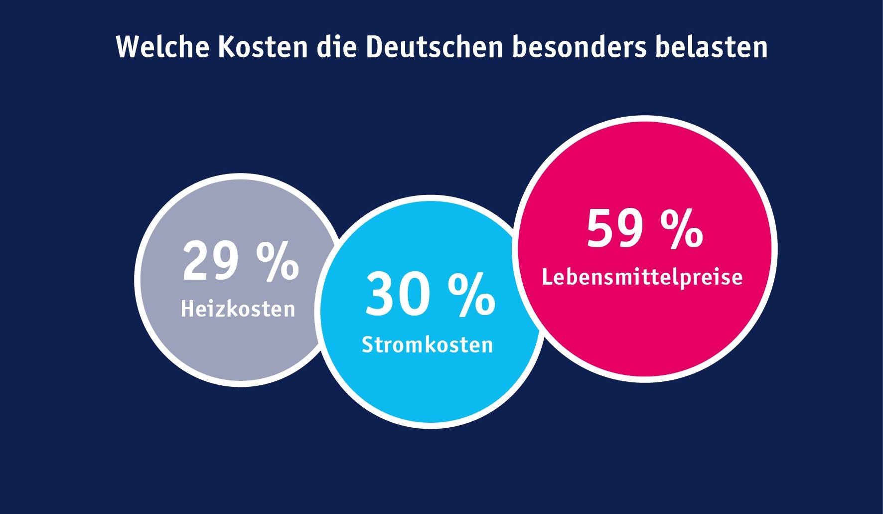 Welche Kosten die Deutschen besonders belasten. 29% Heizkosten, 30% Stromkosten, 59% Lebensmittelpreise.